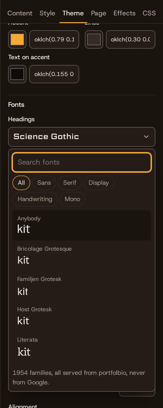The font picker in the editor, searching the catalogue