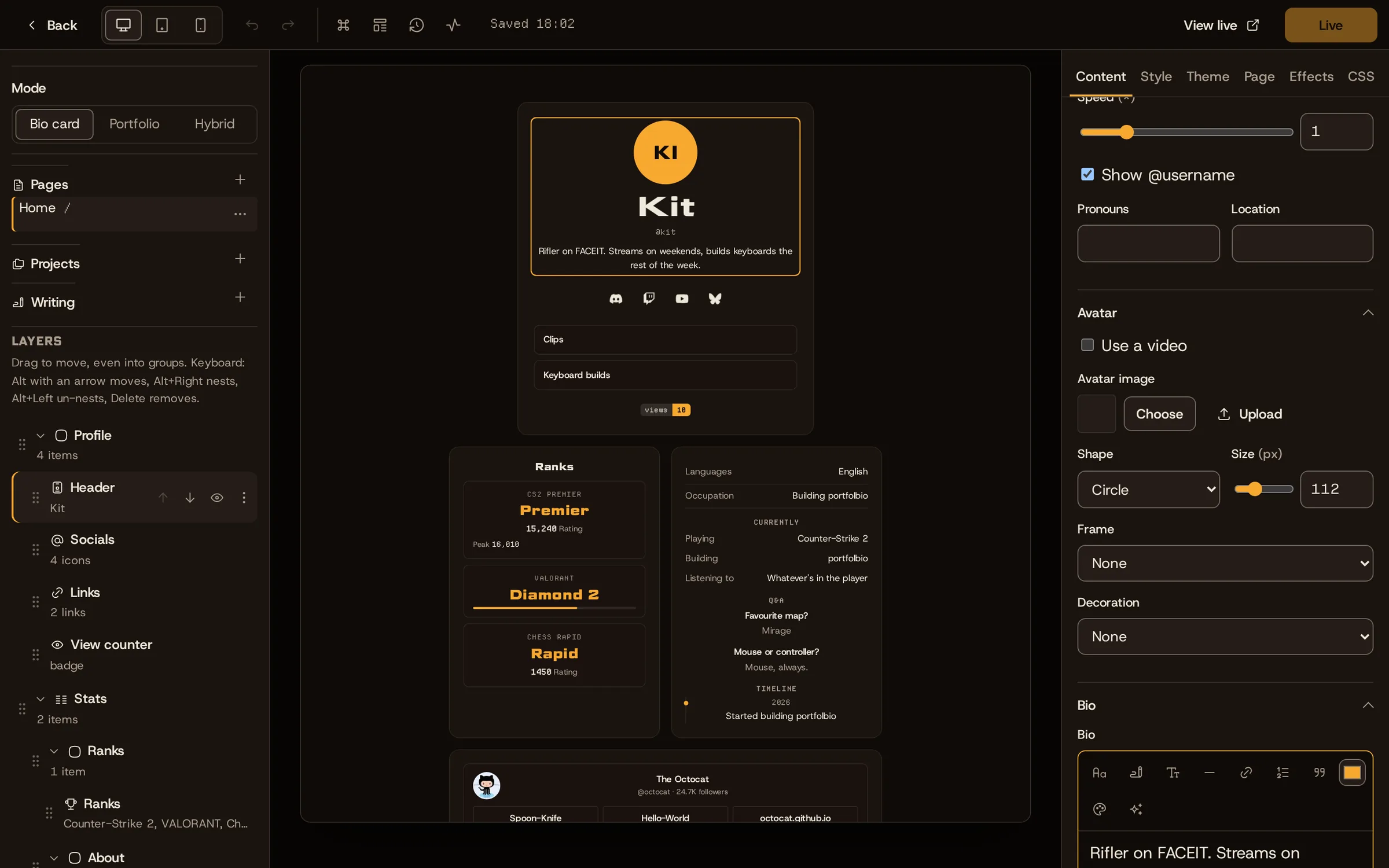 The editor: layers on the left, the live page in the middle, settings on the right