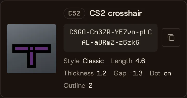 A CS2 crosshair drawn from its share code, with the code and its settings