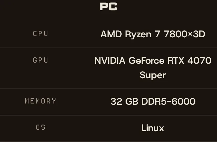 A PC block listing CPU, GPU, memory and operating system