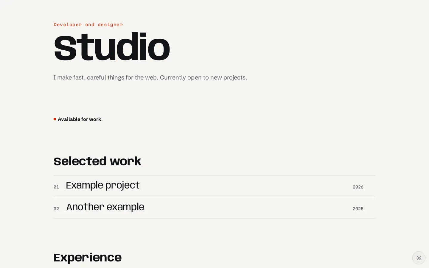 The Studio portfolio template with its index of work